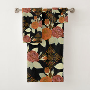 Floral Pattern Foliage Roses on Black Background Bath Towel Set