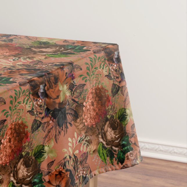 Floral Pattern Gold Bees Orange Brown Tablecloth (In Situ)