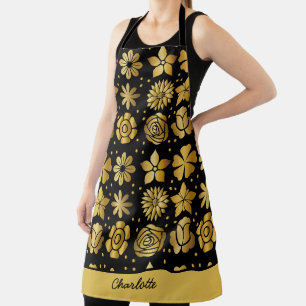 Floral pattern gold doodle rose personalized name apron