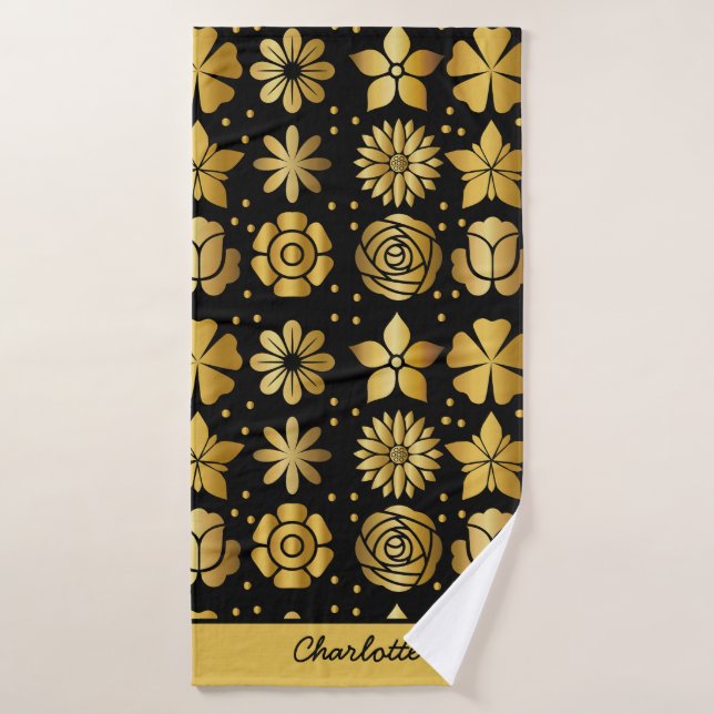 Floral pattern gold doodle rose personalized name bath towel (Bath Towel)