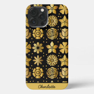 Floral pattern gold doodle rose personalized name iPhone 13 pro max case