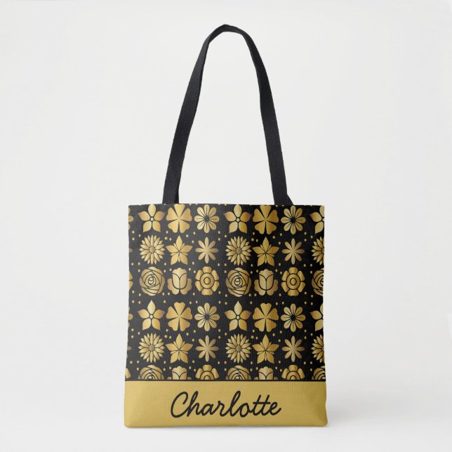 Floral pattern gold doodle rose personalized name tote bag (Front)