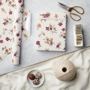 Floral Pattern Gold Grey Maroon Ditsy Wrapping Paper