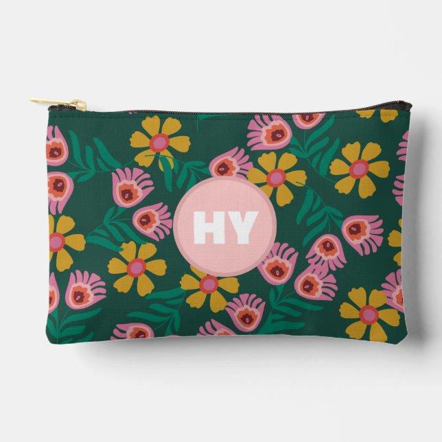 Floral pattern green cute monogram cosmetics accessory pouch (Front)