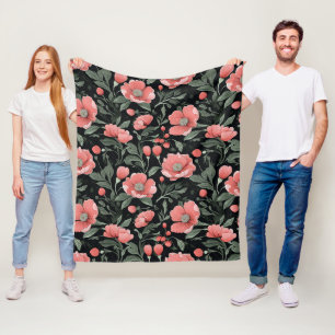 Floral Pattern Green Oak Leaves and Pink Flowers  Fleece Blanket