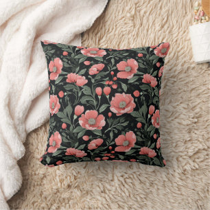 Floral Pattern Green Oak Leaves and Pink Flowers Throw Pillow