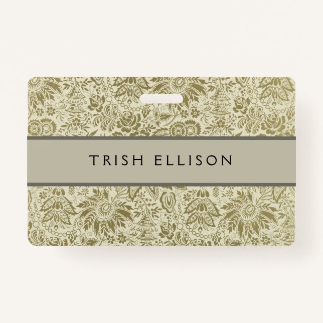 Floral Pattern Green Sage Antique Damask Badge (Front)