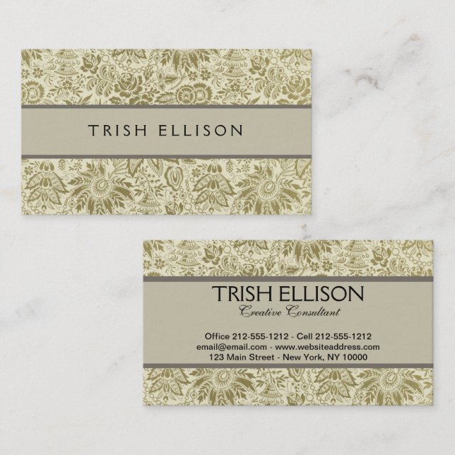 Floral Pattern Green Sage Antique Damask Business Card (Front/Back)
