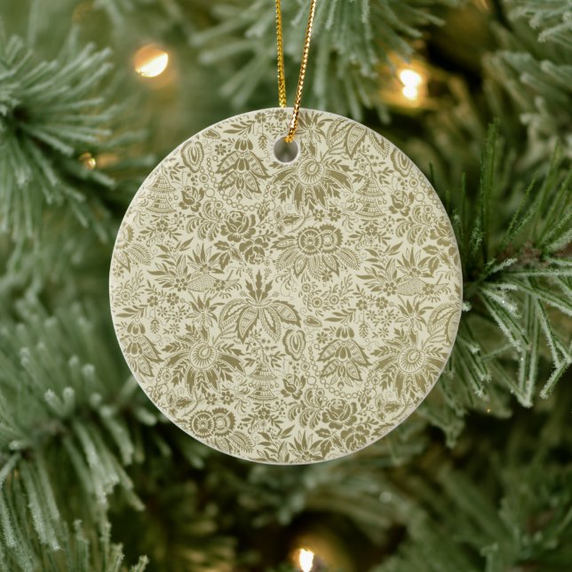 Floral Pattern Green Sage Antique Damask Ceramic Ornament (Tree)