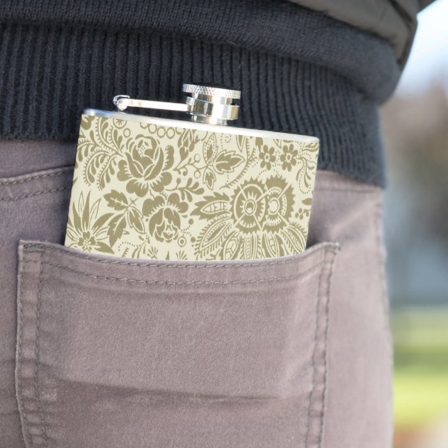 Floral Pattern Green Sage Antique Damask Hip Flask (In Situ)