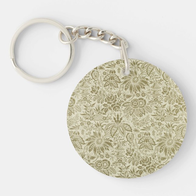 Floral Pattern Green Sage Antique Damask Keychain (Front)