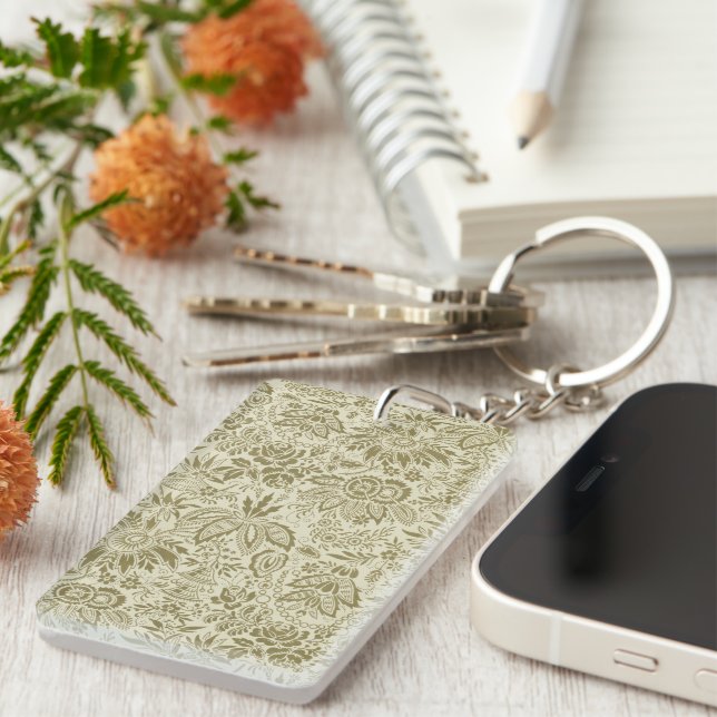 Floral Pattern Green Sage Antique Damask Keychain (Front Right)