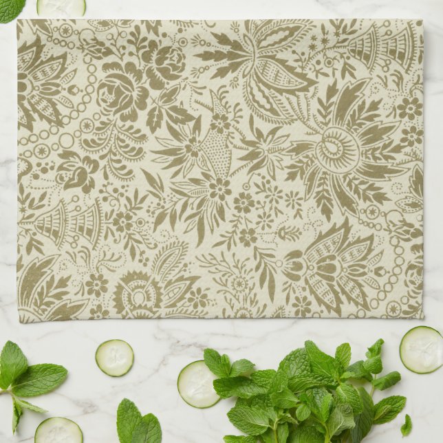 Floral Pattern Green Sage Antique Damask Kitchen Towel (Folded)