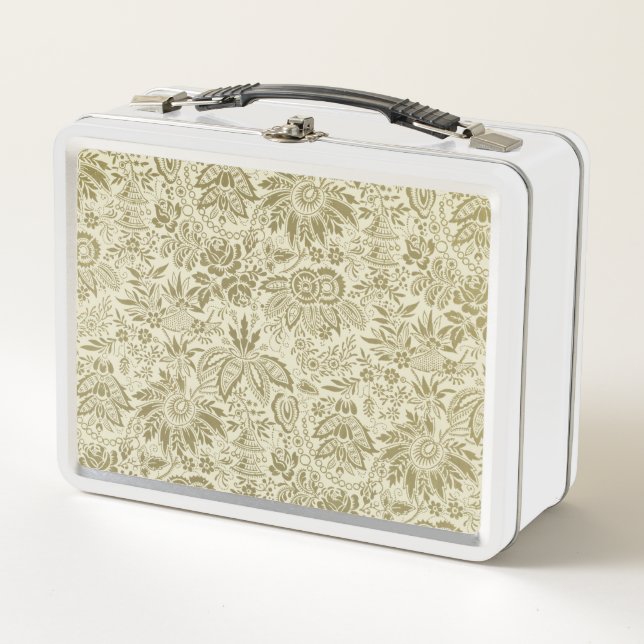 Floral Pattern Green Sage Antique Damask Metal Lunch Box (Front)