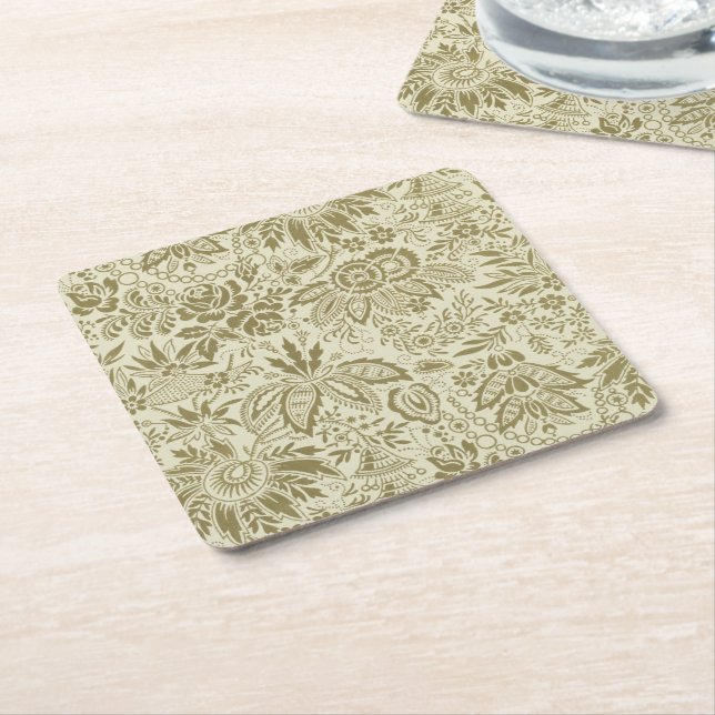 Floral Pattern Green Sage Antique Damask Square Paper Coaster (Angled)