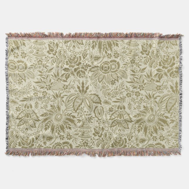 Floral Pattern Green Sage Antique Damask Throw Blanket (Front)