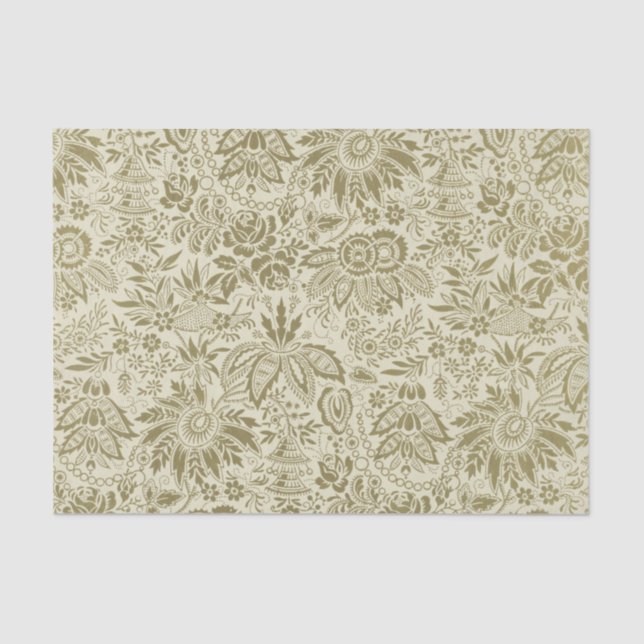 Floral Pattern Green Sage Antique Damask Tissue Paper (Front)