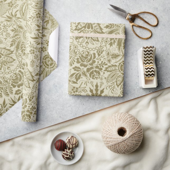 Floral Pattern Green Sage Antique Damask Wrapping Paper (Crafts)