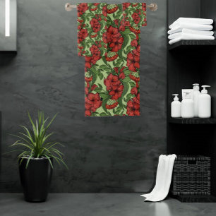 Floral Pattern Greenery Red Flowers in Full Bloom Bath Towel Set