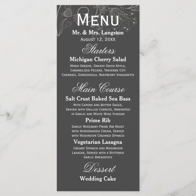 Floral Pattern Grey/White Tulip - Reception Menu (Front)