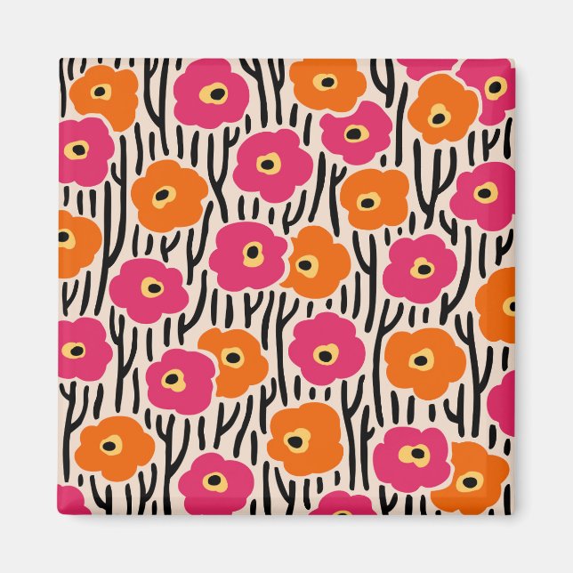 Floral Pattern Hot Pink and Orange Magnet (Front)