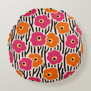 Floral Pattern Hot Pink and Orange Round Pillow