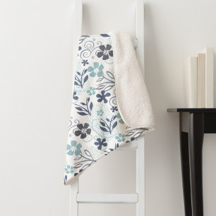 Floral Pattern in blue white and turquoise Sherpa Blanket