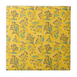 Floral Pattern in  delicate branches and buds Tile<br><div class="desc">Seamless floral pattern with delicate branches,  blue-green leaves,  and pink buds on a vibrant yellow background,  creating a cheerful,  lively tone.</div>