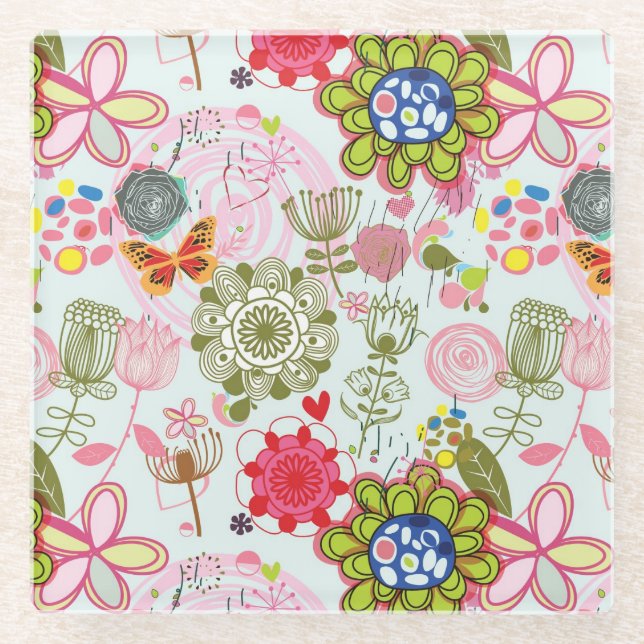 Floral pattern in retro style 2 glass coaster (Front)