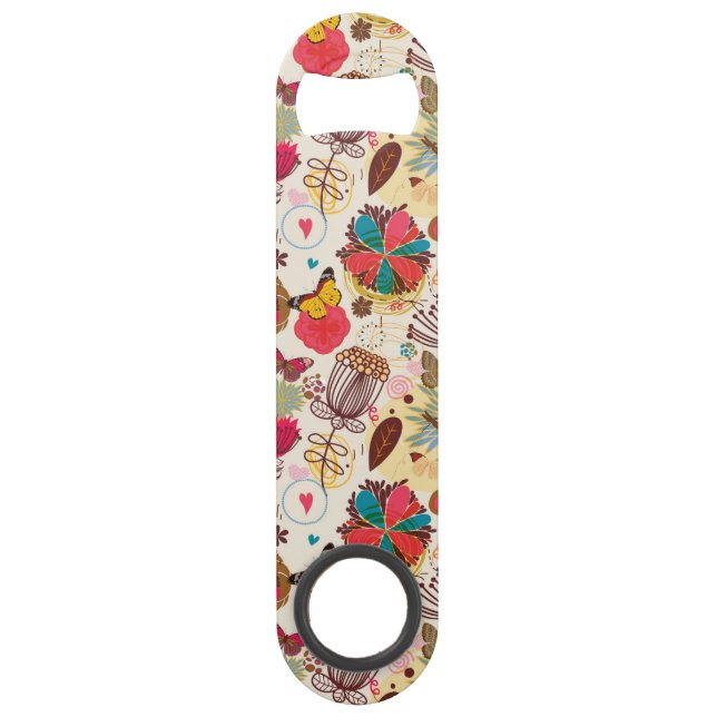 Floral pattern in retro style 4 speed bottle opener (Front)