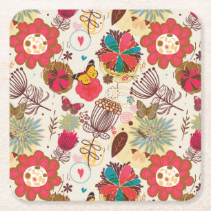 Floral pattern in retro style 4 square paper coaster