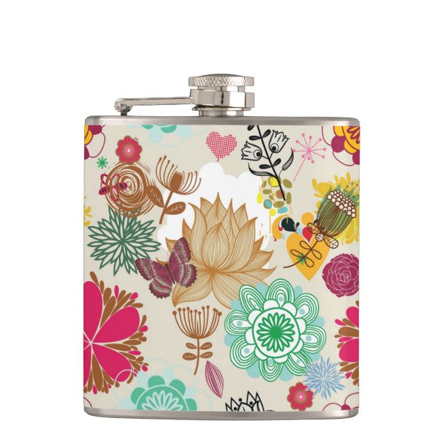 Floral pattern in retro style hip flask (Front)