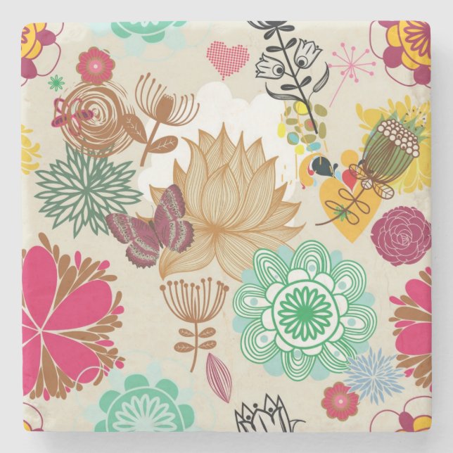 Floral pattern in retro style stone coaster (Front)