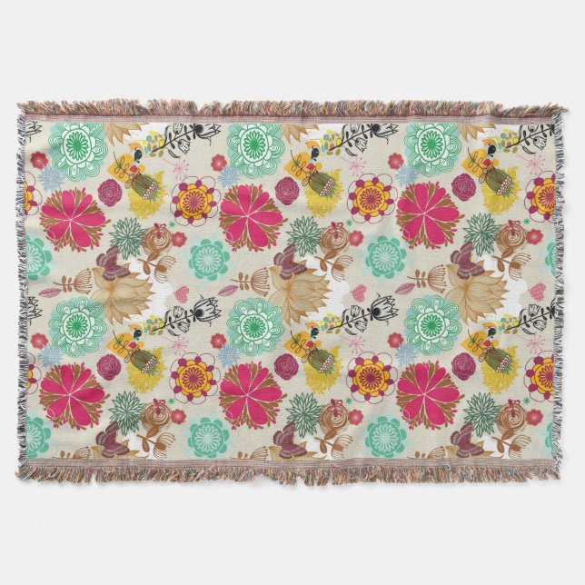 Floral pattern in retro style throw blanket (Front)