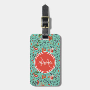 Floral Pattern in Teal and Orange and Red Monogram Luggage Tag