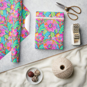 Floral Pattern in Vibrant Pink, Blue, Orange & Gre Wrapping Paper
