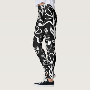 Floral Pattern in White on Black Leggings
