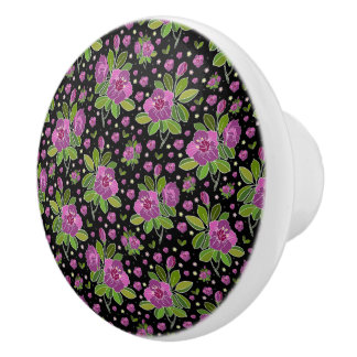 Floral Pattern Lilac Pink Green Black Ceramic Knob