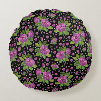 Floral Pattern Lilac Pink Green Black Round Pillow