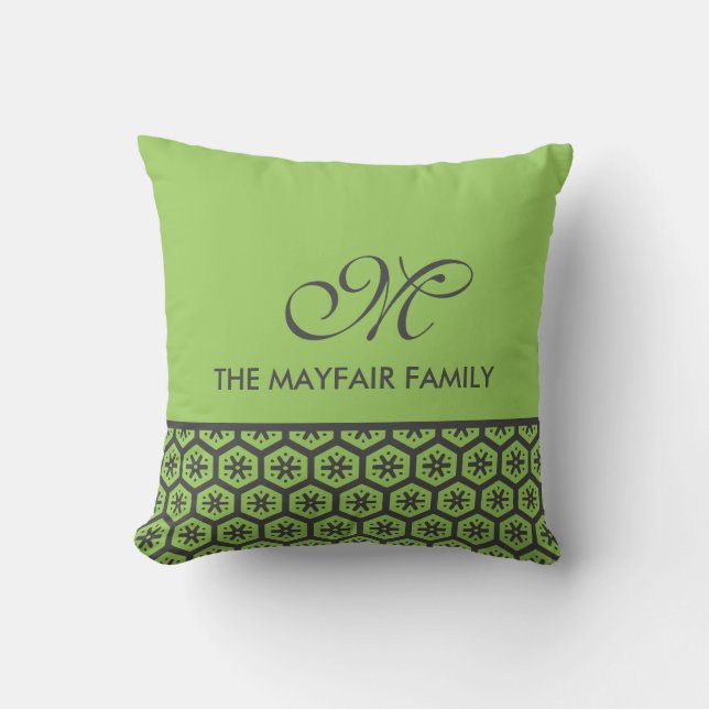 Floral Pattern Lime Green Grey Family Monogram Throw Pillow (Front)