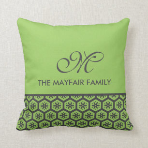 Floral Pattern Lime Green Grey Family Monogram Throw Pillow