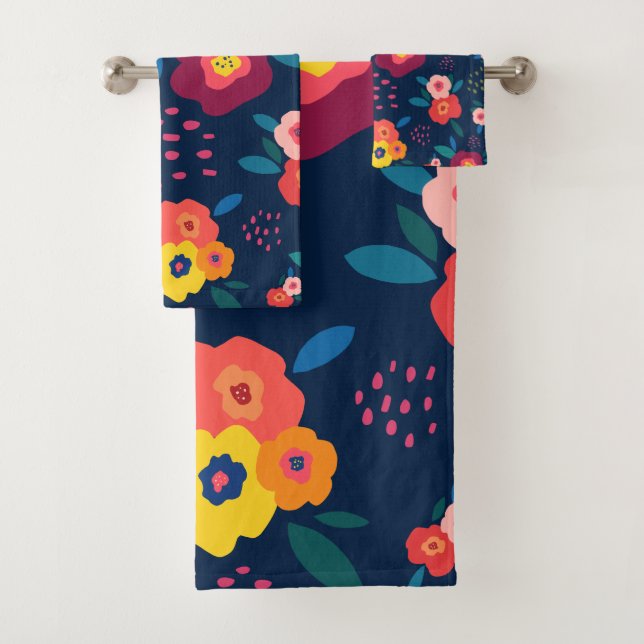 Floral Pattern Modern Blue Coral Yellow Bold Bath Towel Set (Insitu)