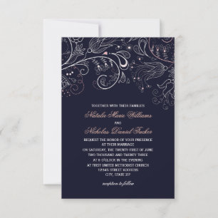 Floral Pattern Navy Tulip - 3x5 Wedding Invitation