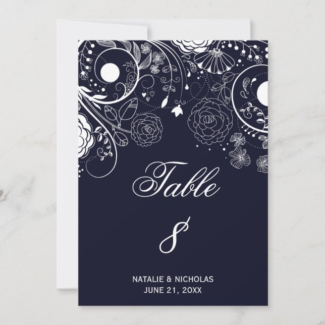 Floral Pattern Navy/White - Table Number (Front)