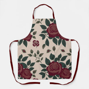 Floral Pattern Of Dark Red Roses With Green Leaves Apron