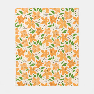 floral pattern of orange lilies and green leaves fleece blanket