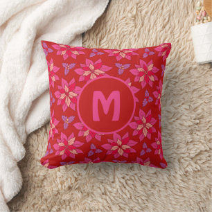 Floral pattern of red poinsettia with Monogram. Throw Pillow