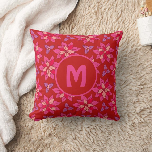  Floral pattern of red poinsettia with Monogram. Throw Pillow (Blanket)