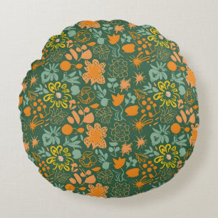 Floral pattern on a dark green background round pillow