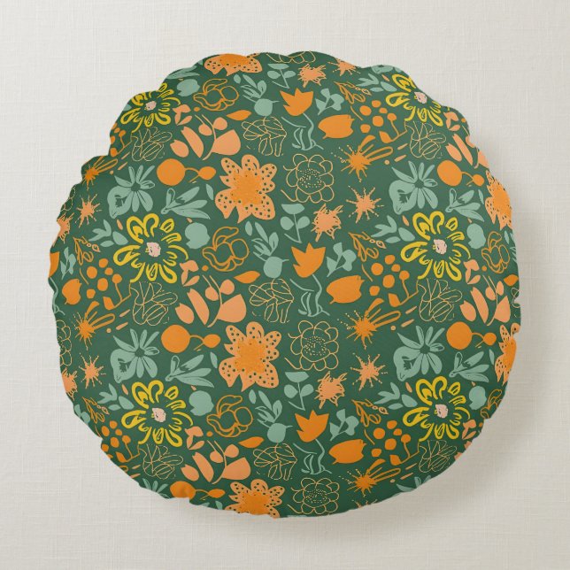 Floral pattern on a dark green background  round pillow (Front)